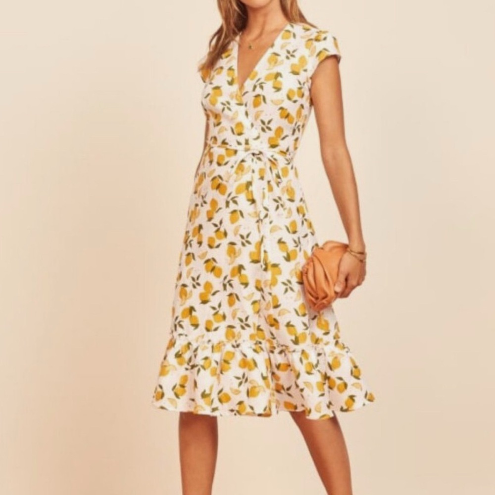 Reformation Lemon Print Midi Wrap Dress - Size XS